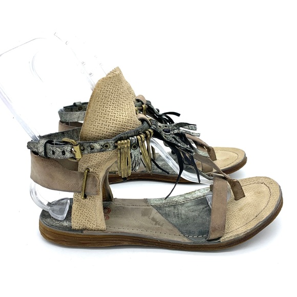 A.S.98 Ramos Brown Silver Leather Fringe Buckle Snap Gladiator Sandals - Picture 2 of 8